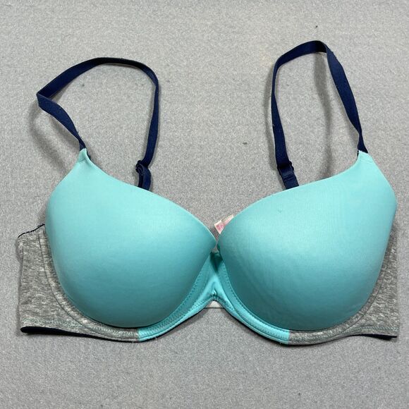 PINK Victorias Secret Bra Womens 32D Blue Turquise‎ Heathered Gray Contrast - Picture 1 of 11